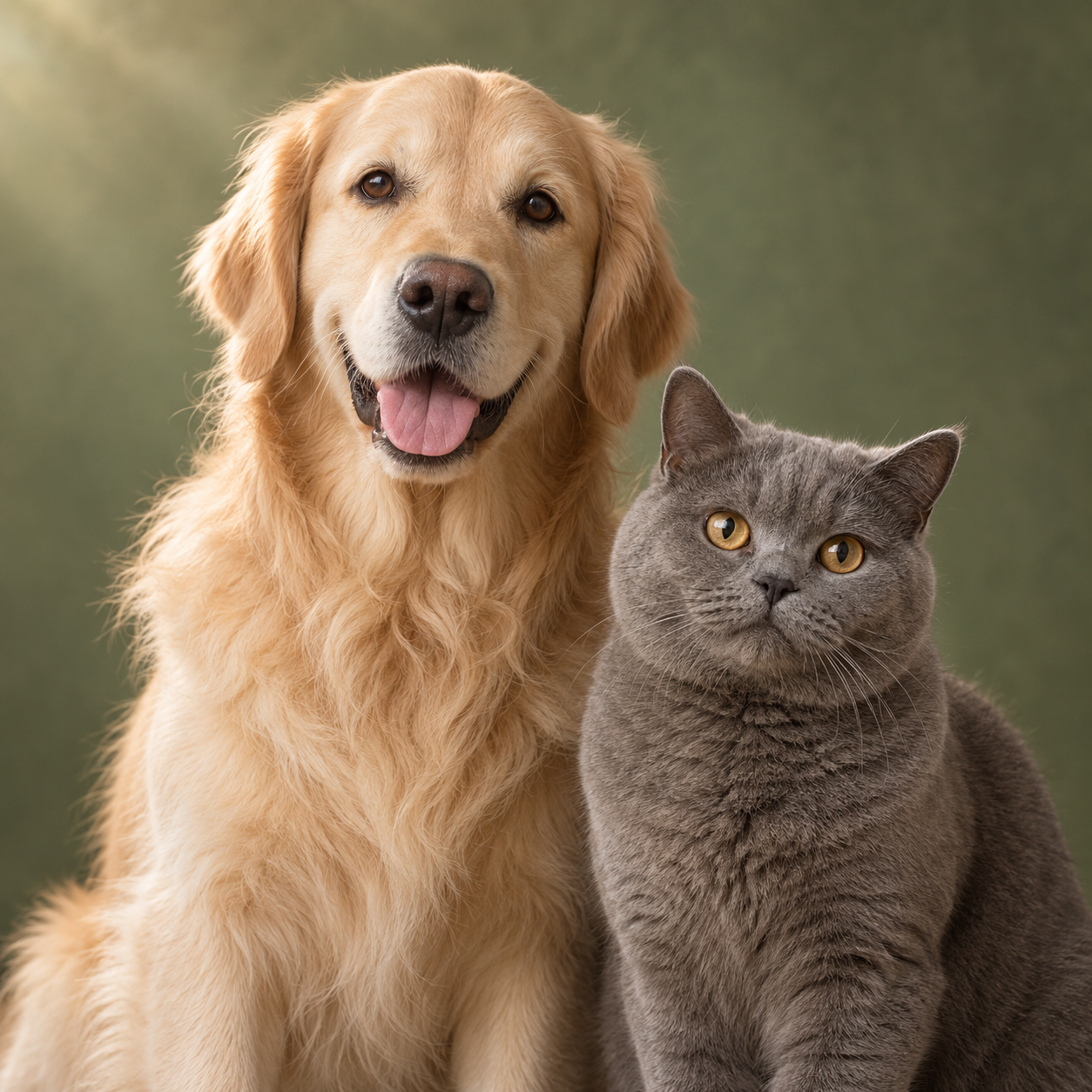 Jasny golden retriever i szary kot siedzą obok siebie na zielonym tle